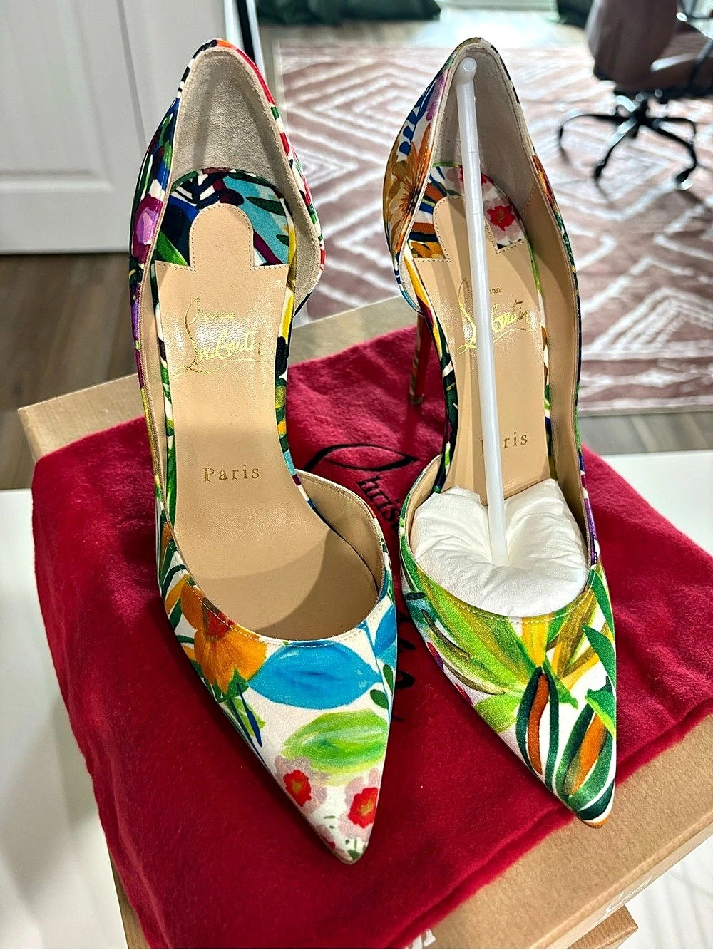 Christian Louboutin Iriza 100 Crepe Satin Fleuri Floral Heels Multicolor & Red